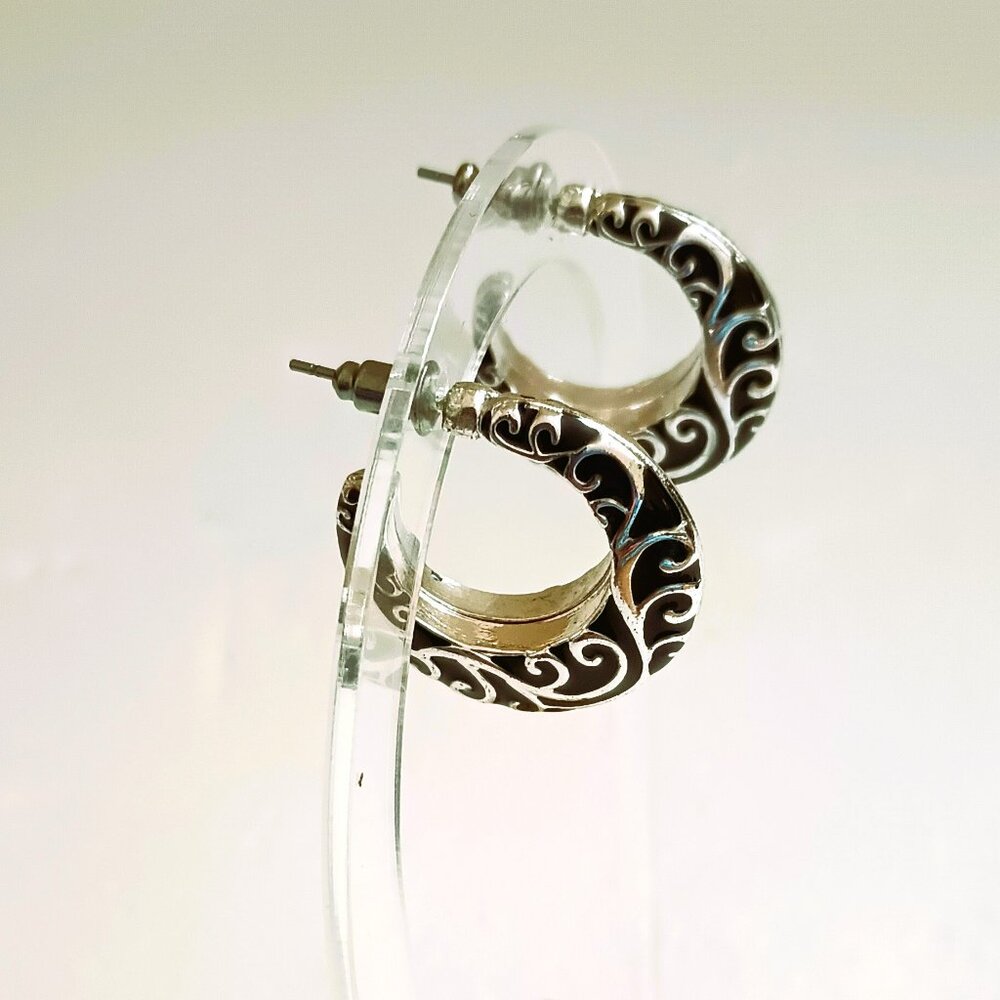 Silver Swirl Half Hoop Earrings Retro Vine Design Black Background Post